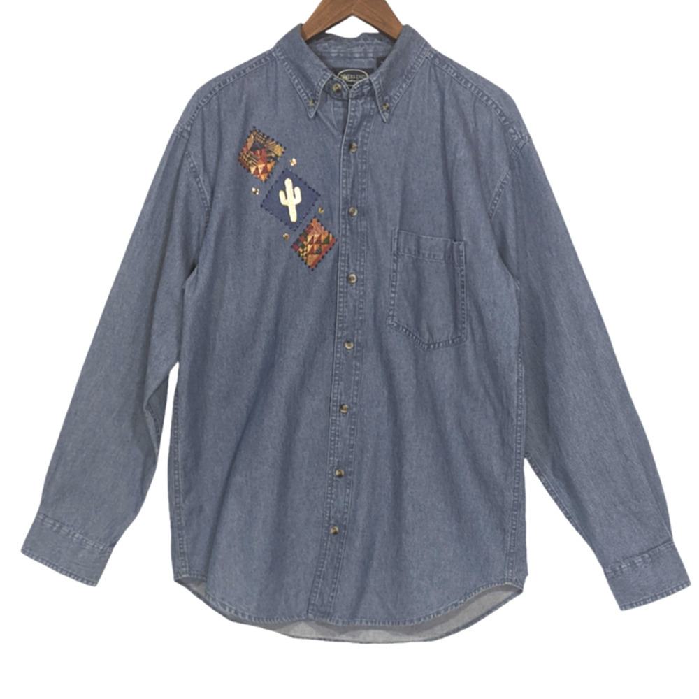 VTG 90s Denim Button Down Shirt Southwestern Appliques Mens M Womens Oversized